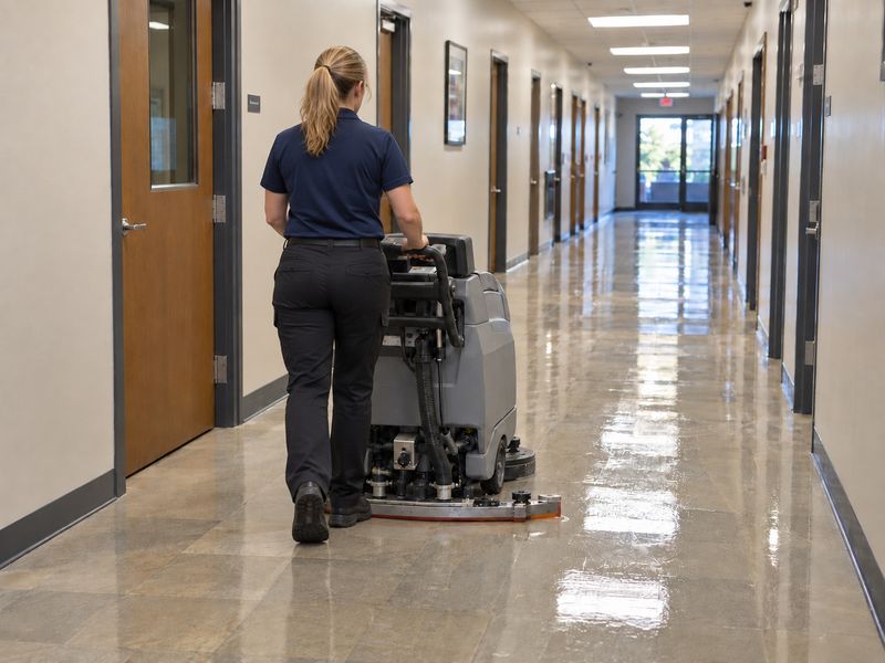 Cleaner running a floor scrubber down a shiny office hallway