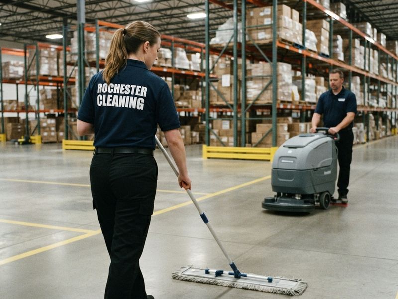 Two Rochester Cleaning team members dust-mopping and machine-scrubbing a warehouse floor