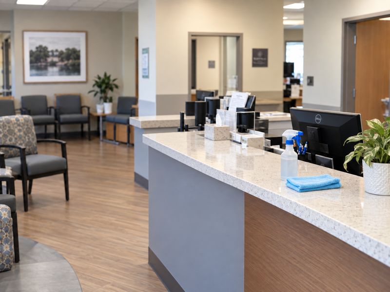 Clean medical office reception desk and patient waiting area
